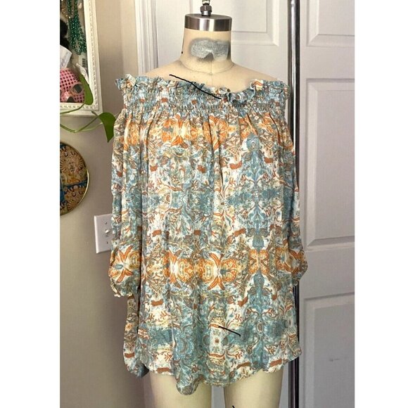 ACROBAT Turquoise Floral Cold-Shoulder Peasant Tie Sleeve Blouse Shirt *SMALL* - Picture 1 of 6